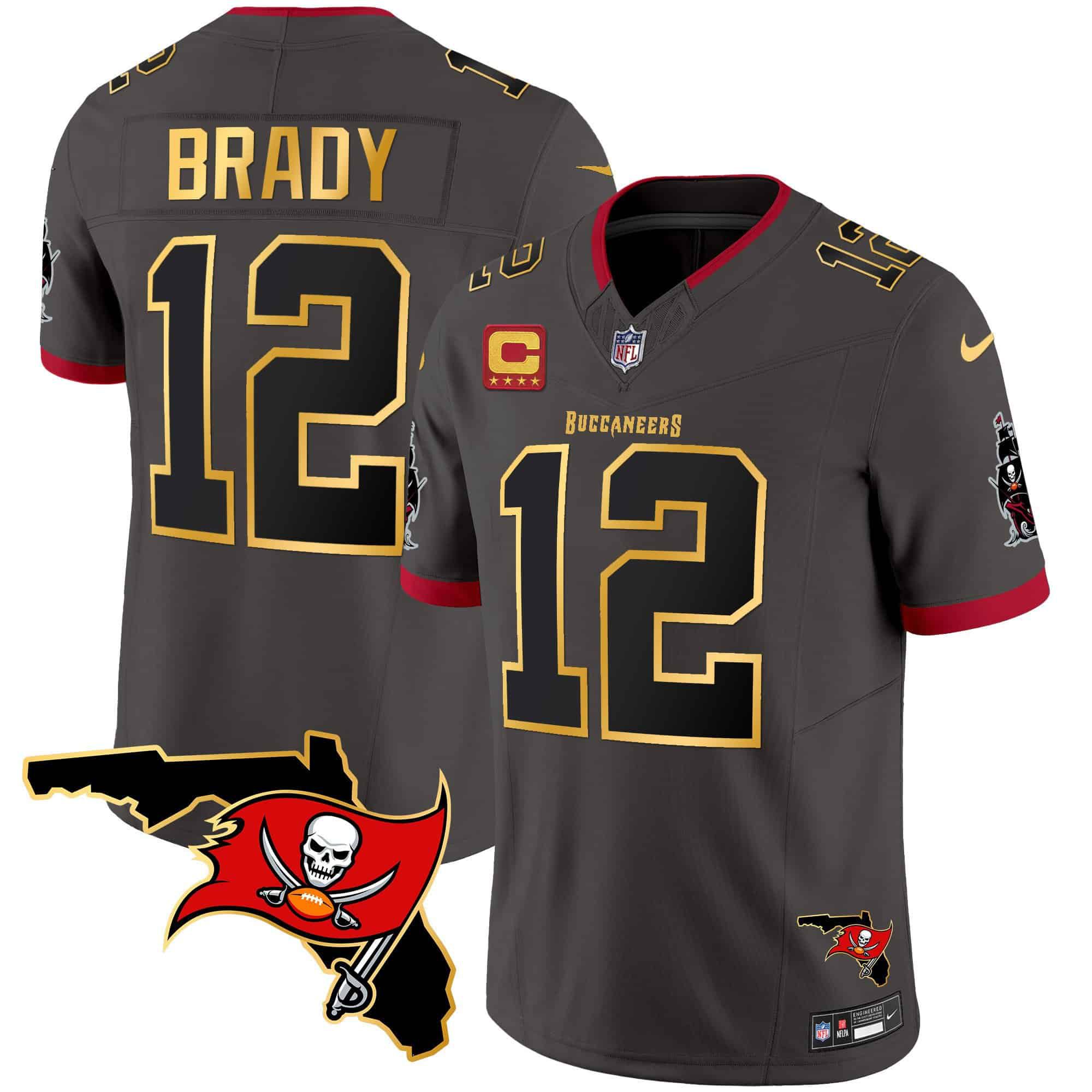 Men Tampa Bay Buccaneers 12 Brady Grey 2024 Nike Florida Patch Gold Trim Vapor NFL Jersey